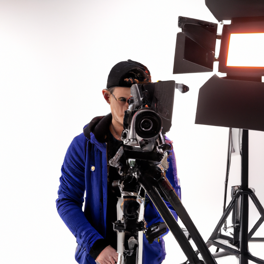 Estudiante operando gimbal en estudio con luces cinematográficas de alta calidad